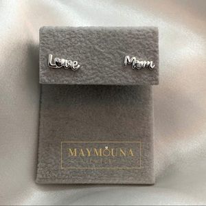 925 Sterling Silver CZ Stud Earrings "Love" & "Mom"